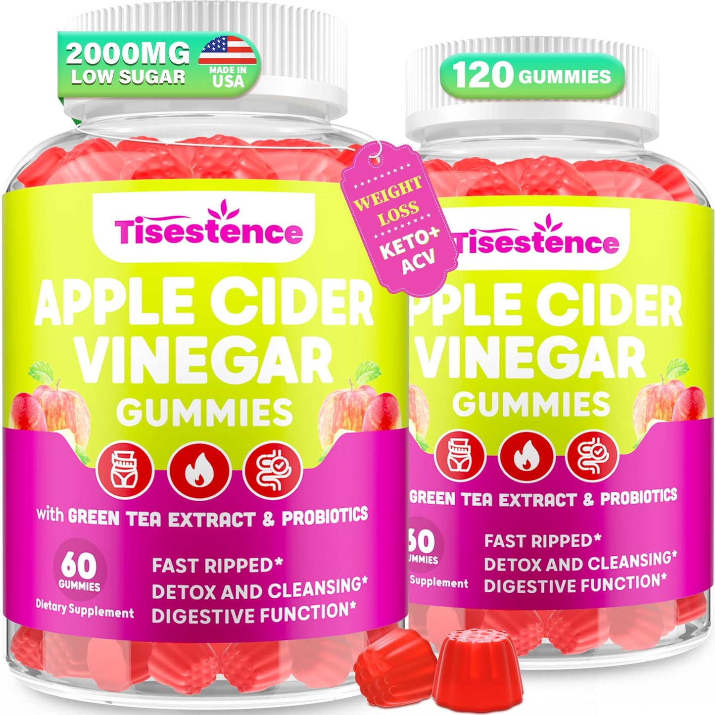 Apple Cider Vinegar Gummies, Keto ACV Gummies for Women and Men, Apple Cider Vinegar Supplement with Green Tea, B12, Probiotic for Detox Cleanse, Metabolism & Digestive Health, Vegan - 2 Months Supply