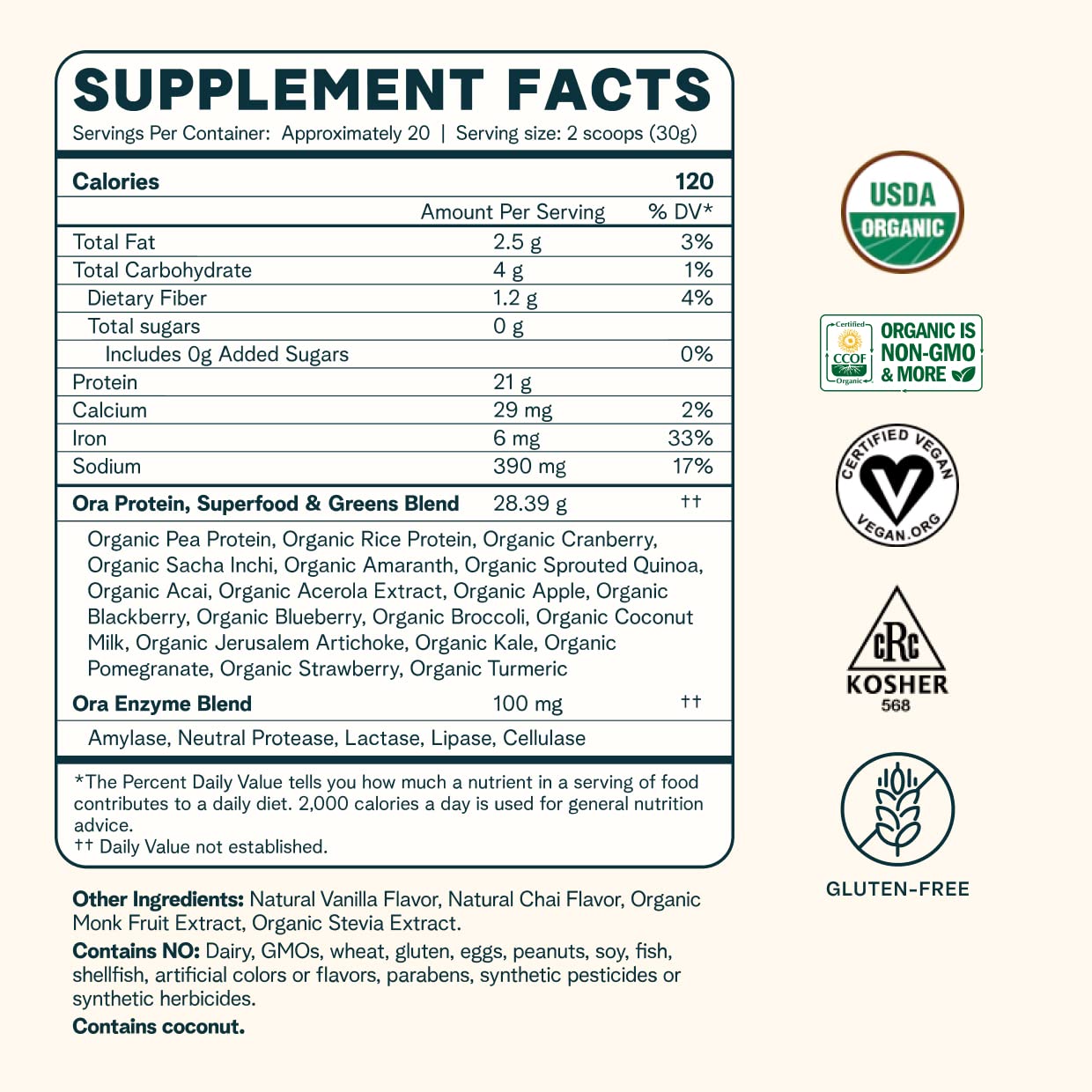 Ora Organic Vegan Protein Powder - 21g Plant Based Protein Powder for Women and Men | Clean Protein Source, Keto Friendly, Gluten Free, Paleo, Dairy-Free, Gluten-Free, Soy-Free (Vanilla Chai)