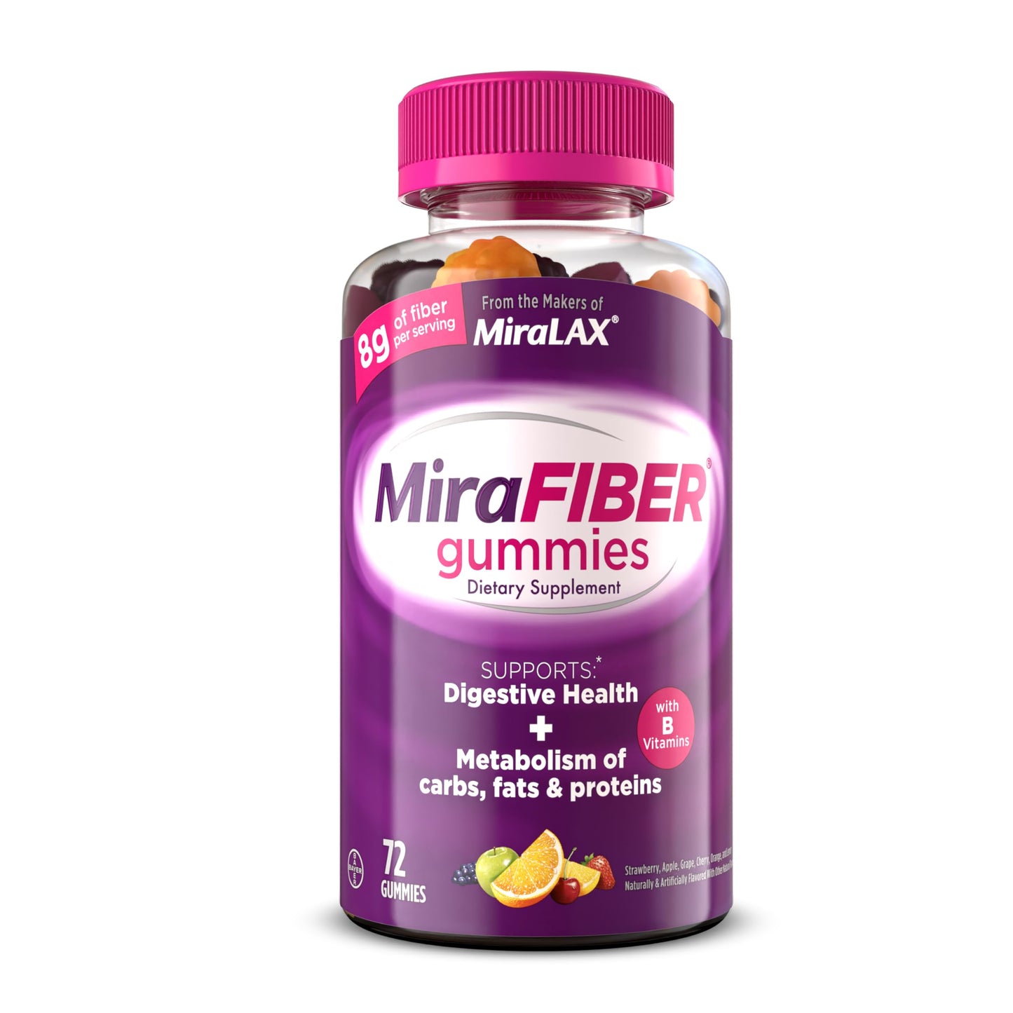 MiraFIBER Gummies, From The Gut Experts at MiraLAX, 8g of Daily Prebiotic Fiber with B Vitamins to Support Digestive Health and Metabolism, Fruit Flavored Fiber Gummies, 72 Count