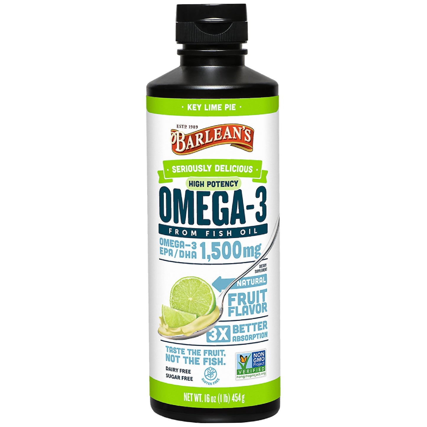 Barlean's Key Lime Pie High Potency Omega 3 Fish Oil Liquid Supplement, 1500mg of EPA & DHA Fatty Acid, Smoothie Flavored & Burpless for Brain, Joint, & Heart Health, 16 oz