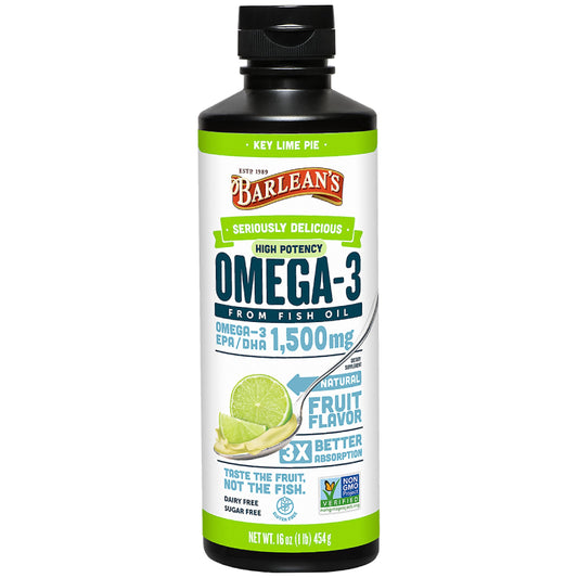 Barlean's Key Lime Pie High Potency Omega 3 Fish Oil Liquid Supplement, 1500mg of EPA & DHA Fatty Acid, Smoothie Flavored & Burpless for Brain, Joint, & Heart Health, 16 oz