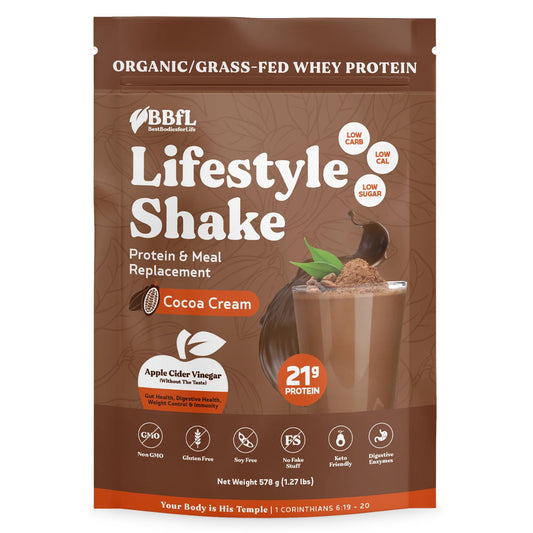 BBfL Meal Replacement Shakes, 21g Protein, Organic Whey Protein Powder, Apple Cider Vinegar, Digestive Enzymes, All in One Shake for Women & Men (15 Servings, Cocoa Cream)