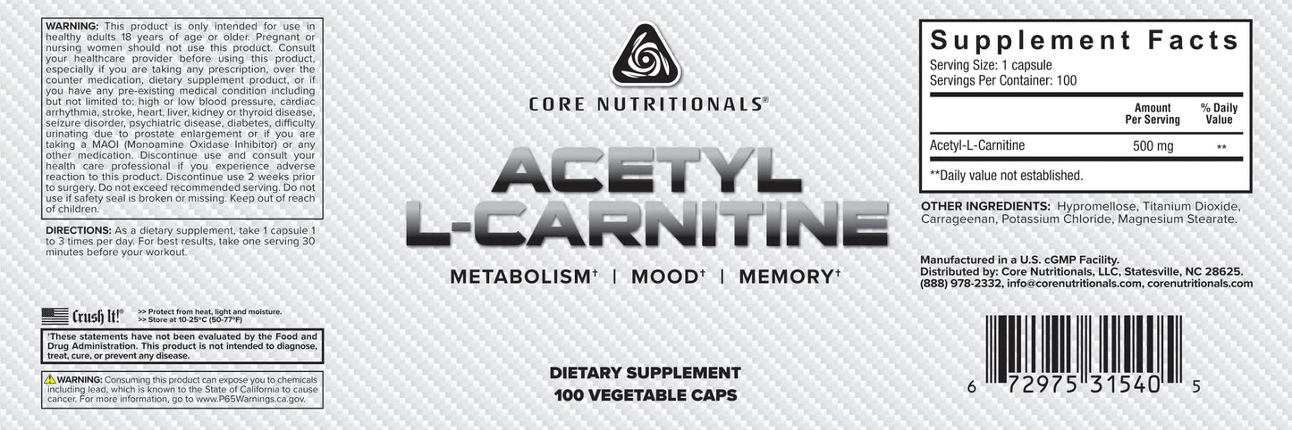 Core Nutritionals Acetyl L-Carnitine, Enhances Metabolism, Mood and Memory, 500 mg, 100 Capsules