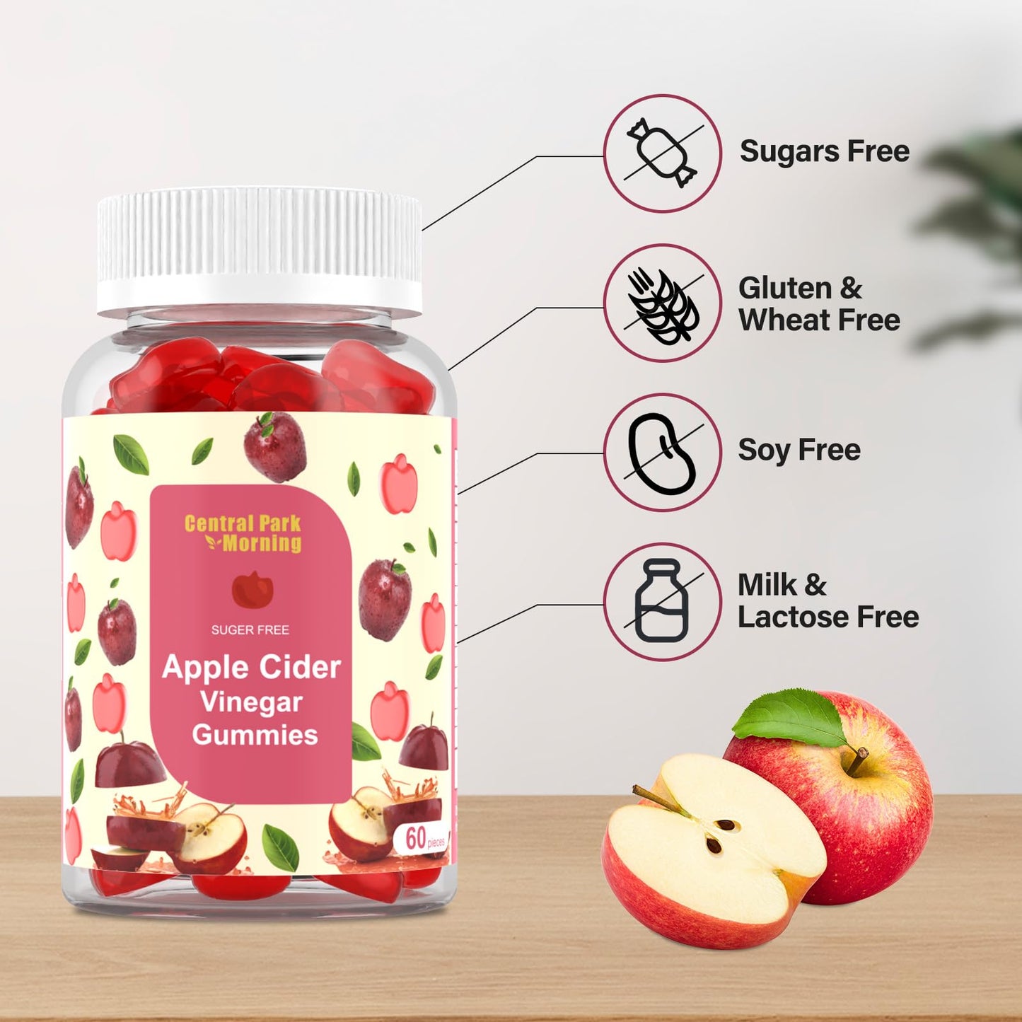Central Park Morning Apple Cider Vinegar Gummies 1000mg,ACV Supplement for Detox & Cleanse,Suger Free and Non-GMO - 60 Gummies