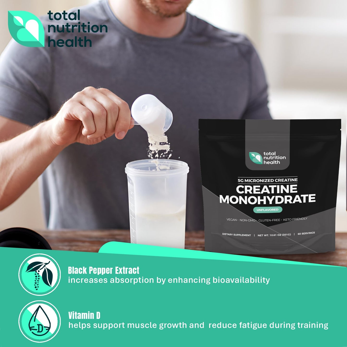Total Nutrition Health Creatine Monohydrate - 5g Micronized Creatine Monohydrate Powder - Vitamin D and Black Pepper Extract - Unflavored Pre-Workout with Creatine for Energy, Muscle Performance