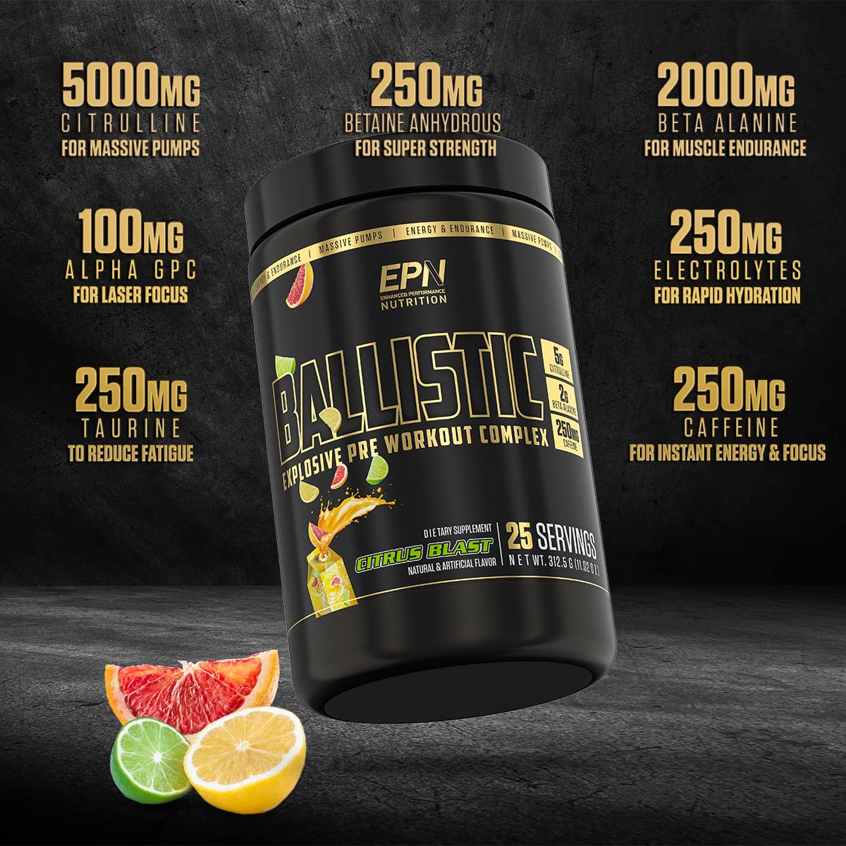 BALLISTIC Pre Workout | #1 New Pre Workout Powder w/ Nitric Oxide Booster, Electrolytes, Caffeine & Nootropics | Insane Pumps, Focus, Stamina, Energy, Hydration for Men & Women - Citrus Blast
