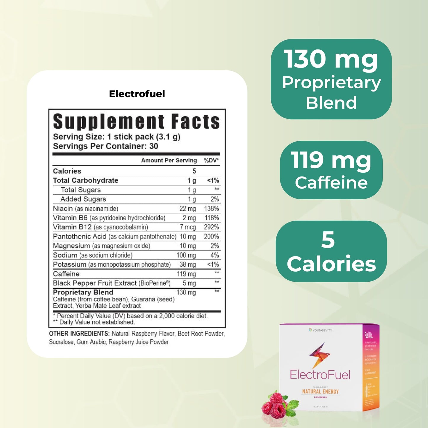 Youngevity Official ElectroFuel Natural Energy Drink Mix - Raspberry Electrolyte Powder - Energy and Hydration - 30 Sticks
