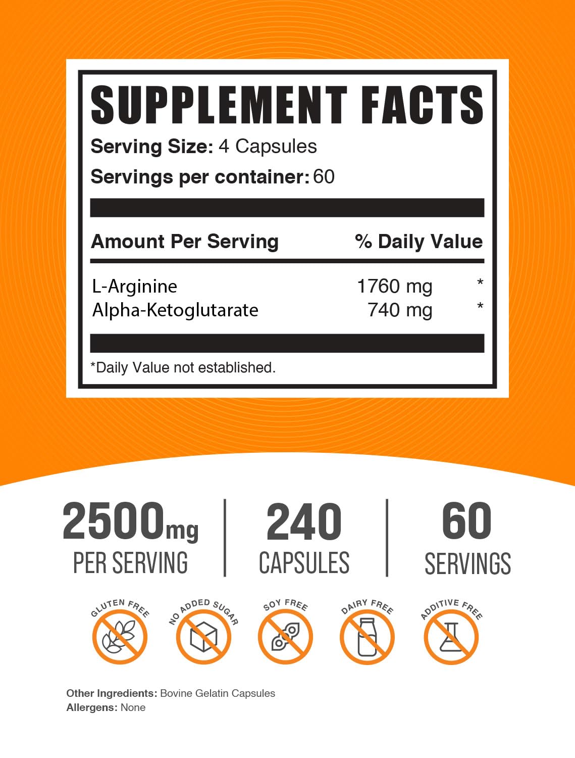 BulkSupplements.com AAKG Capsules - Arginine AKG Supplement, Nitric Oxide Supplement - Gluten Free, 4 Capsules per Serving (2500mg), 240 Count (Pack of 1)