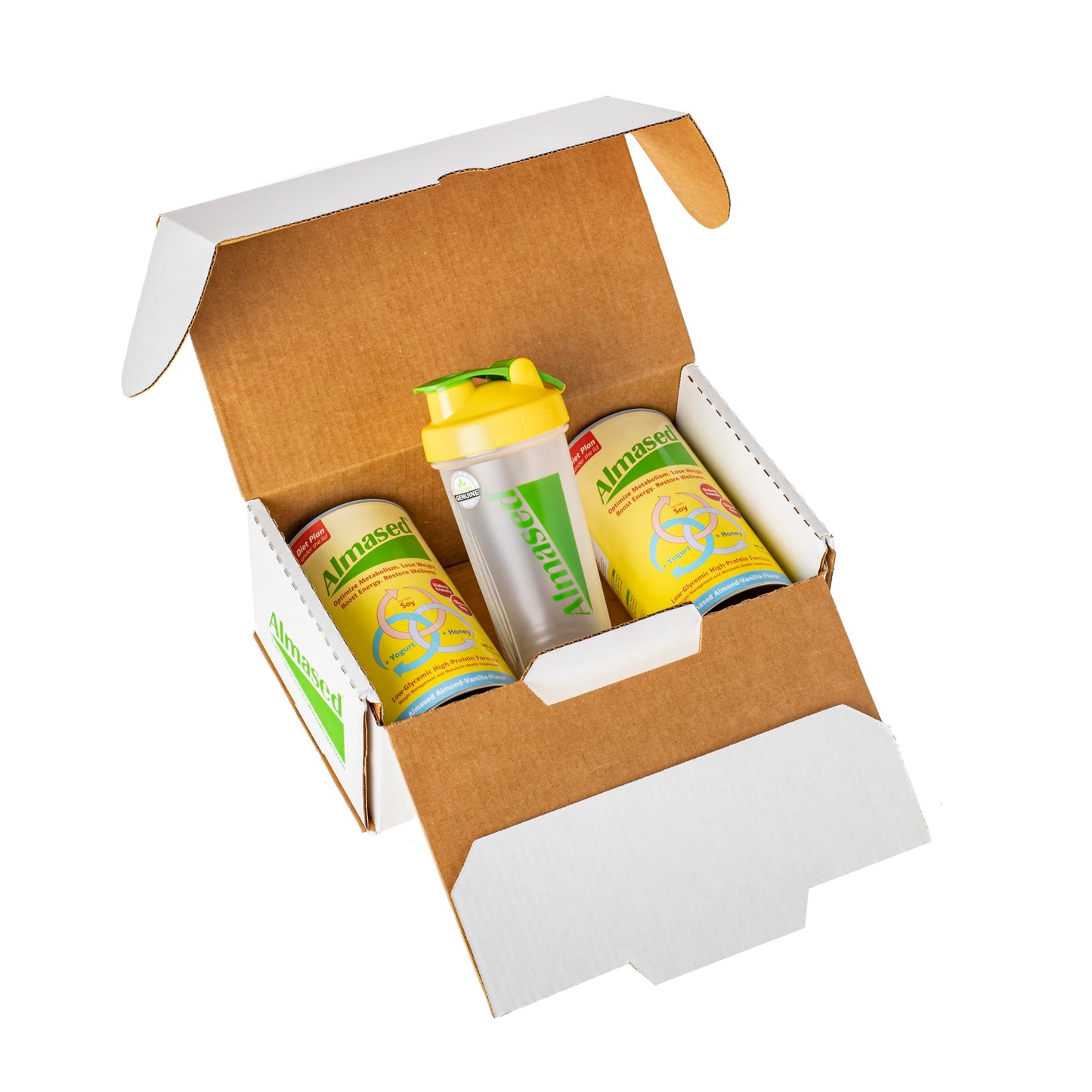 Almased Meal Replacement Shakes for Weight Loss - Protein Powder - Starter Kit (Almond Vanilla Flavor, 2 Cans of 17.6 oz + Shaker Bottle + Scoop)