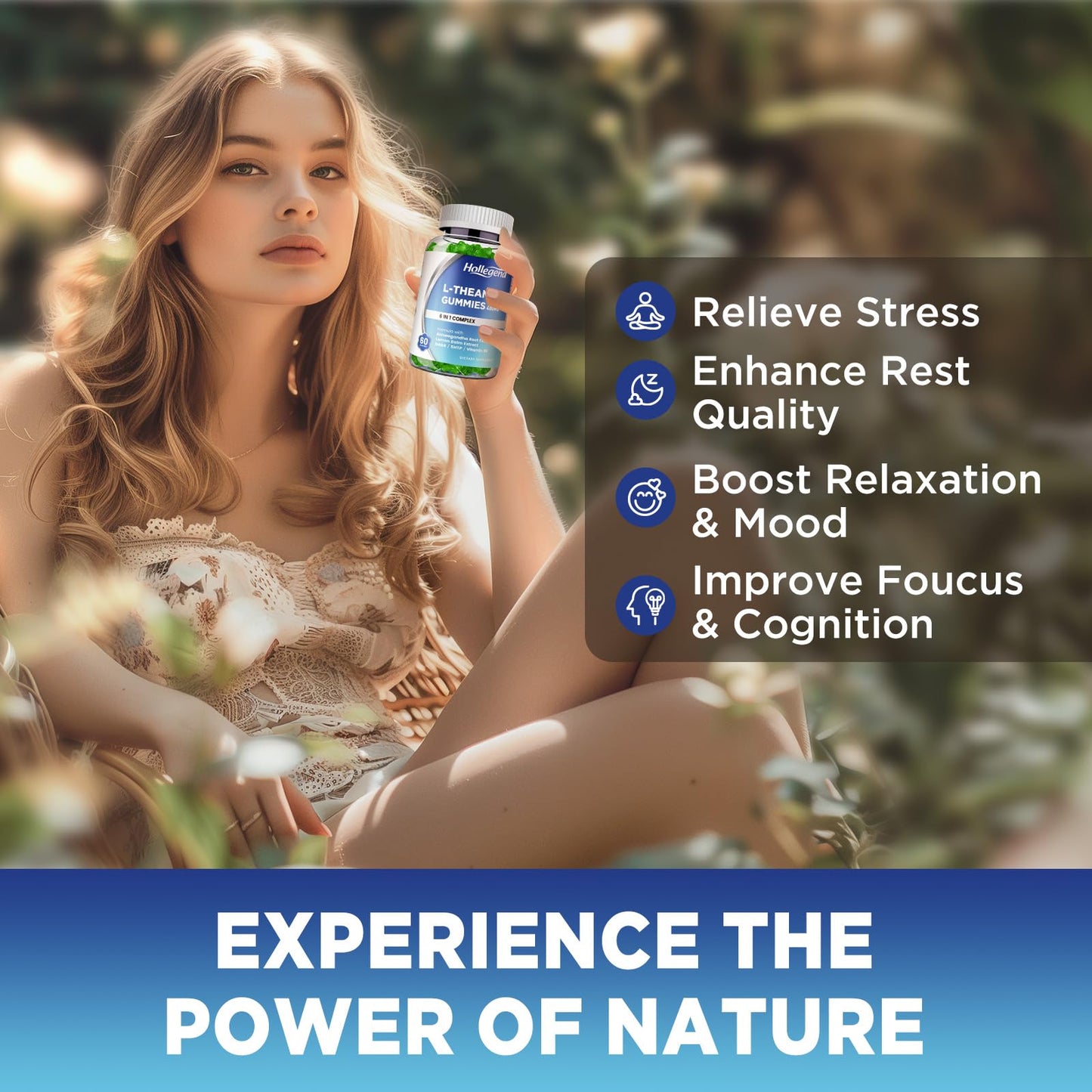 HOLLEGEND L-Theanine Gummies, l'theanine 400mg with Ashwagandha, GABA, 5HTP,L-Theanine Chewable Supplement for Relax, Zzz & Focus Support, Vegan, Lemon Flavor, 60 Counts