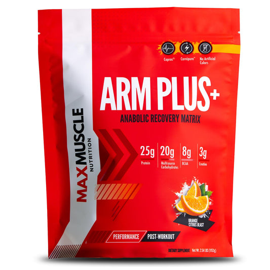 Max Muscle Arm Plus+ Anabolic Recovery Matrix | 25g Whey Protein, 8g Bcaas, 3g Creatine Monohydrate | Amino Acids, Antioxidants, Glutamine, Electrolytes (Orange Citrus Blast, 2.54 lb)