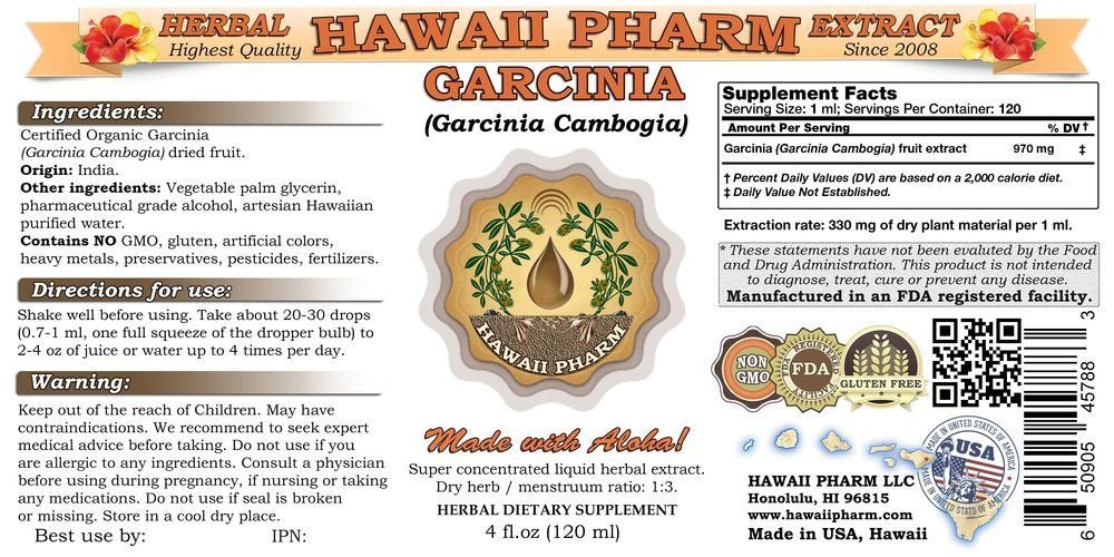 HawaiiPharm Pure Garcinia Liquid Extract, Organic Garcinia (Garcinia cambogia) Tincture, Herbal Supplement, Made in USA, 2 fl.oz
