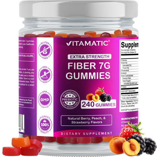 Vitamatic Prebiotic Fiber Gummies for Adults, 7G Extra Strength, Zero Sugar Added, 240 Pectin Based Gummies, Digestive Health & Regularity Support