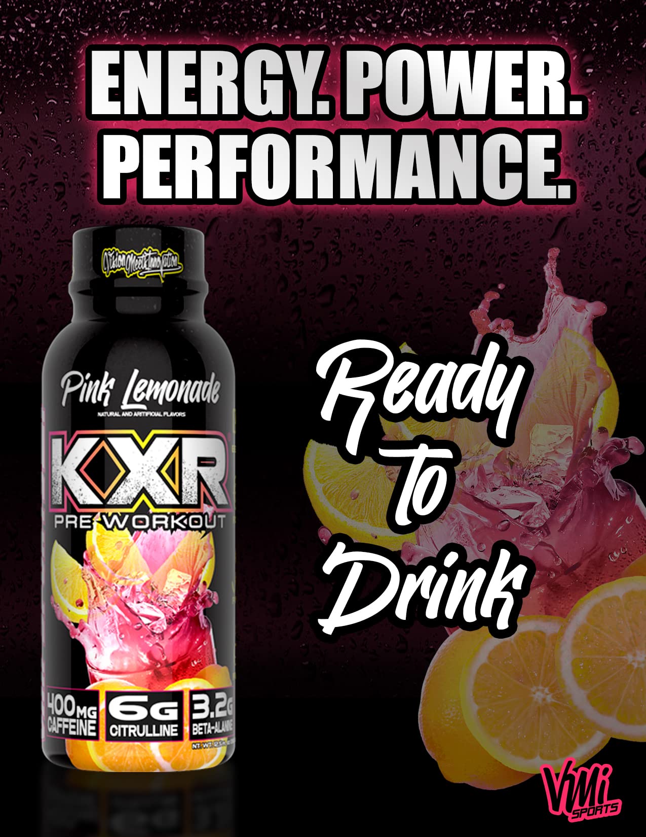 VMI Sports KXR High Stimulant Pre-Workout Energy Ready to Drink 400mg Caffeine, 6g Citrulline, 3.2g Beta-Alanine | Delicious - Convenient - Powerful | 12.5 oz Bottles (Pink Lemonade, 12 Bottles)