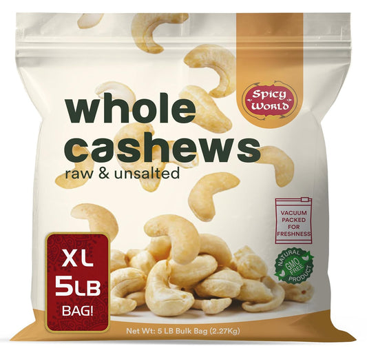 Spicy World Raw Cashews Whole 5 Pound Bulk  Unsalted Natural  Pure No Chemicals