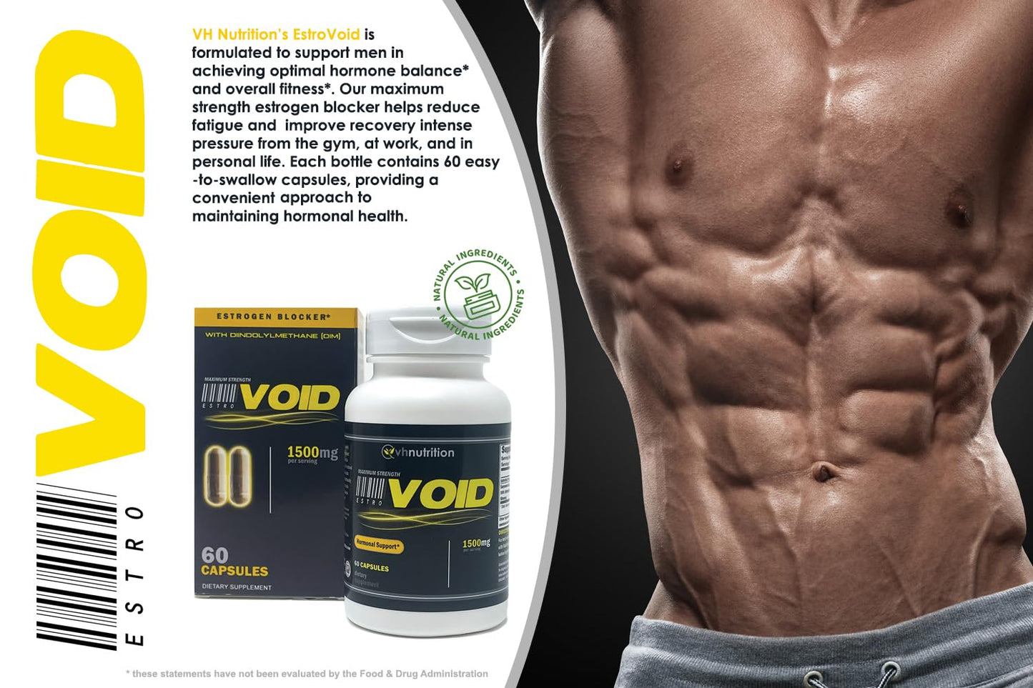 VH Nutrition ESTROVOID | Estrogen Blocker for Men | 1500mg Max Strength Natural Aromatase Inhibitor* W/DIM, Longjack, Ashwagandha, Eleuthero, Cordyceps, Rhodiola, & Panax Ginseng