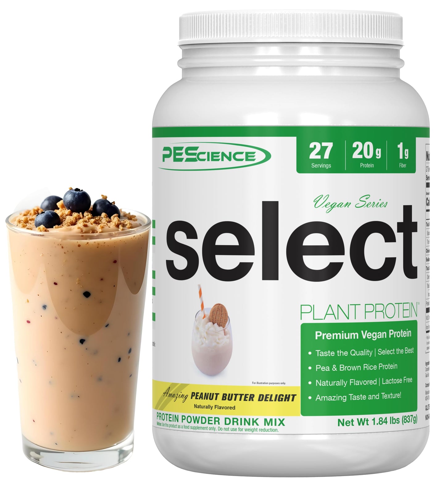 PEScience Select Vegan Plant Based Protein Powder, Peanut Butter Delight, 27 Serving, Premium Pea and Brown Rice Blend