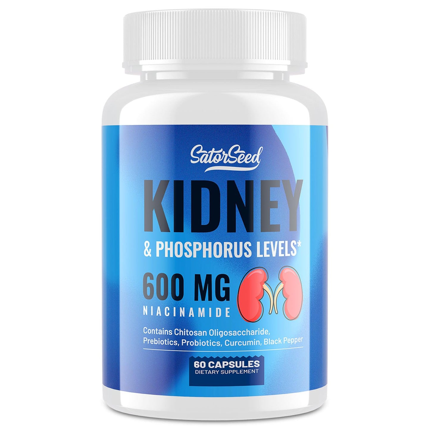 Kidney Support Supplement - Kidney Cleanse Detox & Repair with Chitosan Oligosaccharide, Niacinamide 600mg, Curcumin, Black Pepper, Prebiotics & Probiotics - Kidney & Phosphorus Levels - 60 Capsules