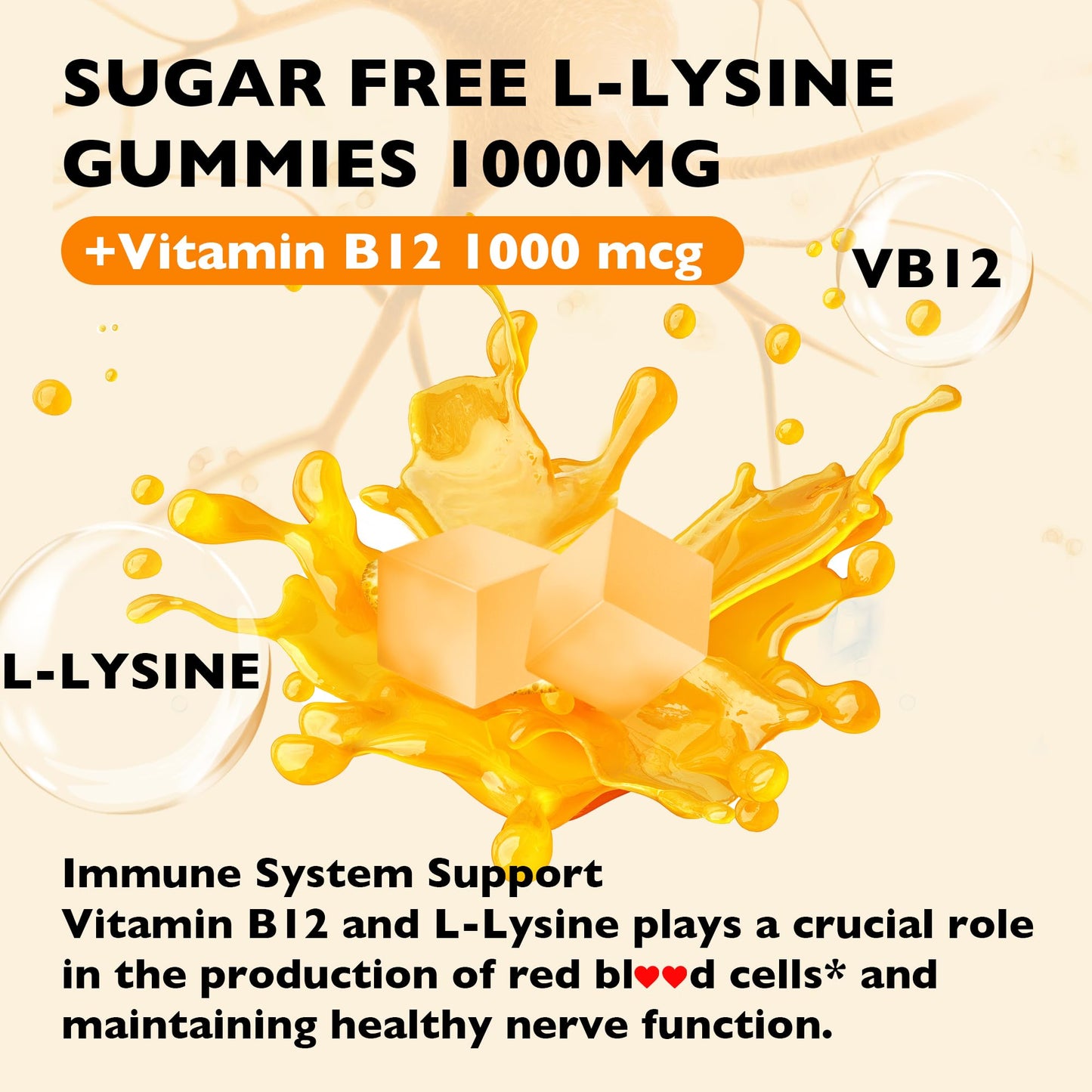 L-Lysine Gummies 1000mg - L-Lysine Supplements for Kids and Adults - Lip and Cold Sore* Support for Women - Chewable Lysine Gummies with Vitamin B12 - Vegan, Non GMO, Gluten-Free, 60 Counts