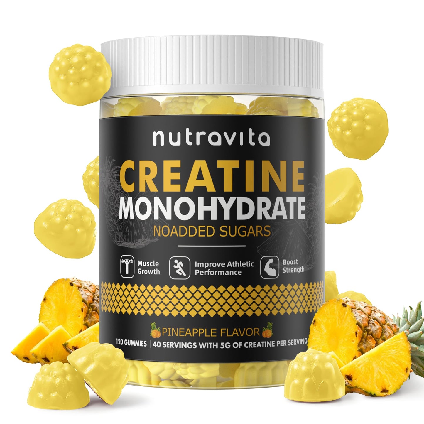 Nutravita Creatine Monohydrate Gummies for Men & Women-5g of Creatine Monohydrate per Serving - Sugar Free,Vegan,Pineapple Flavor, 120 Count