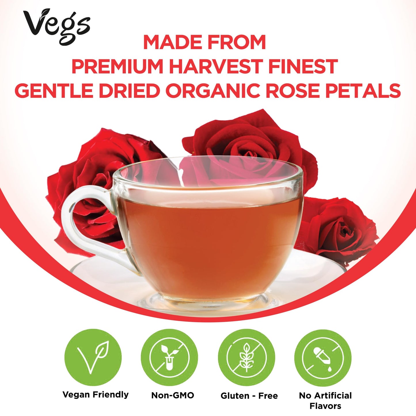 Vegs Rose Petals Tea  100 Pure Red Rose 30 Tea Bags  Organic Real Rose Flower Herbal Tea Caffeine Free  Premium Food Grade Rose Petals