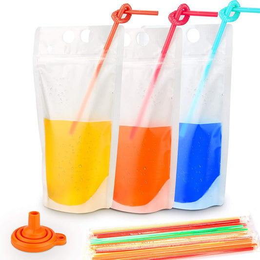 100PCs Drink Pouches with 100PCS Individual Wrapped Straws Yamgqus Freezable Juice Pouches DIY Reclosable Zipper Drink Bags for Adults and Kids Silicone Funnel Included  17oz 100 Pack