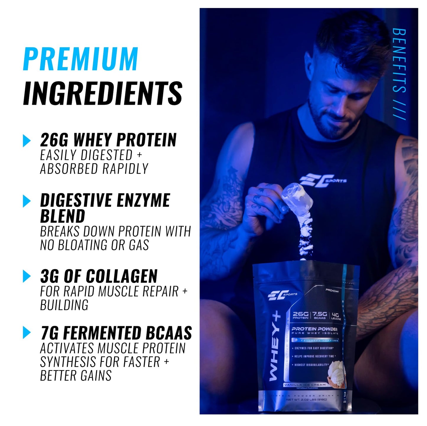 EC Sports Whey+ Protein Powder, Cookies n Cream Drink Mix w/Digestive Enzymes - Isolate Supplement, Collagen Peptides w/Faster Reform - 30 Servings