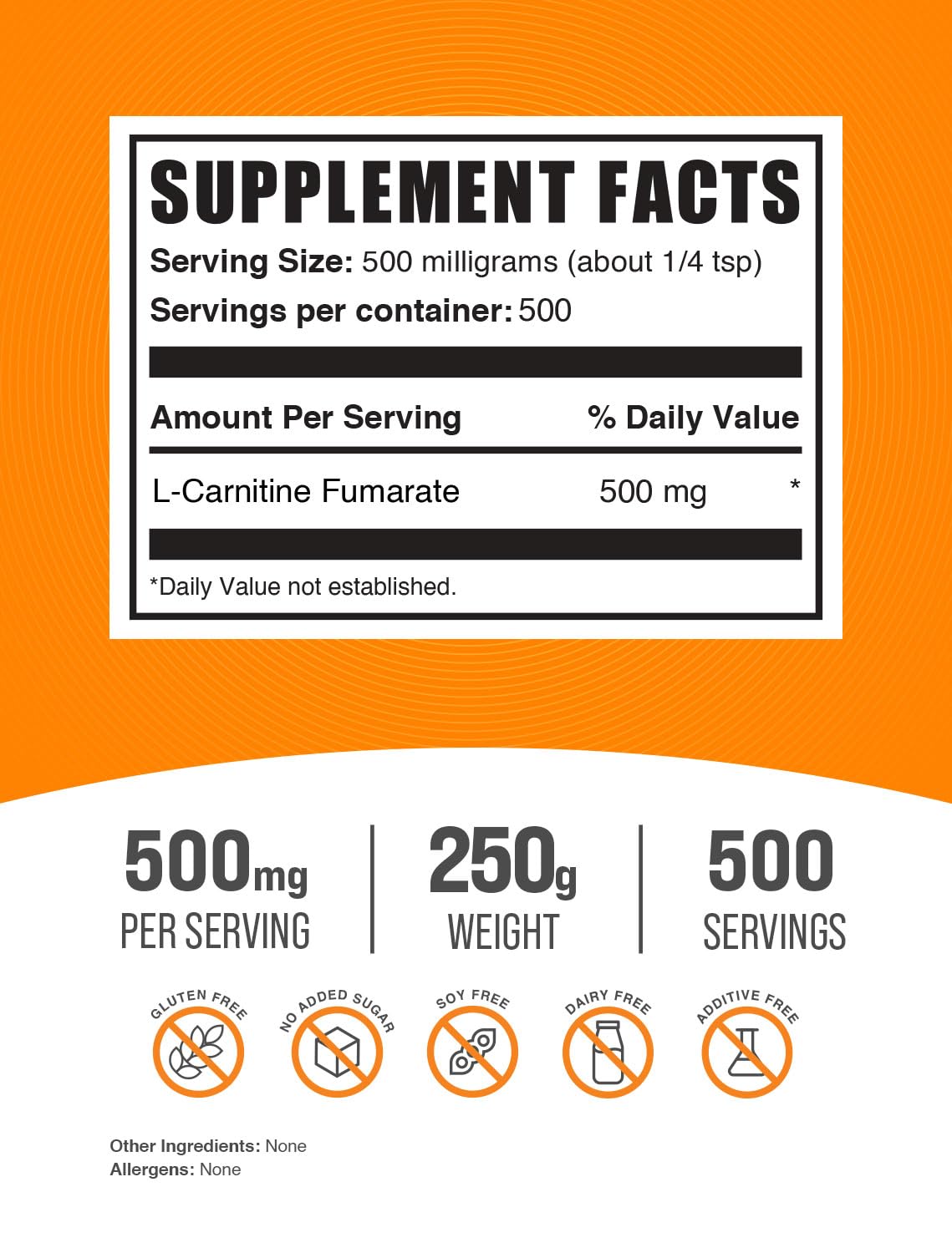 BulkSupplements.com L-Carnitine Fumarate Powder - Carnitine Supplement, Carnitine Powder, L-Carnitine 500mg - Gluten Free, 500mg per Serving, Gluten Free, 250g (8.8 oz) (Pack of 1)