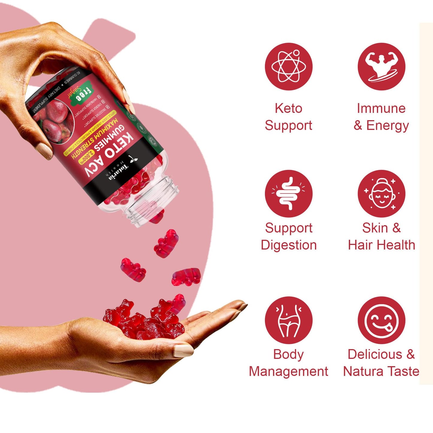 Totaria Keto ACV Gummies - 2000mg Apple Cider Vinegar Gummies Sugar-Free Support Stature Health with Probiotics, B12, BHB, Keto Supplements for Women & Men 60 Gummies