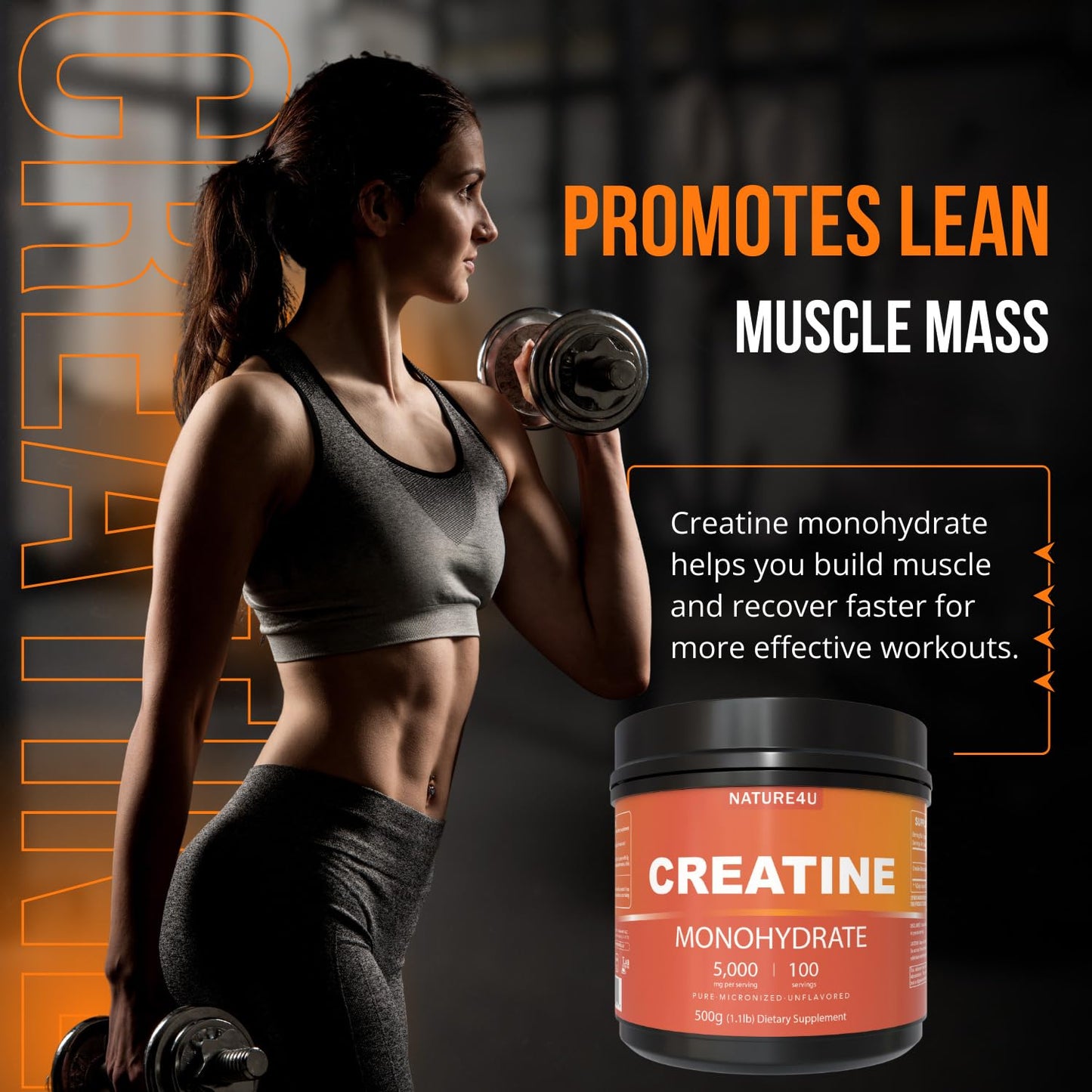 Nature4U Micronized Creatine Monohydrate Powder 500G, 5000mg Per Serving (5g), Pure Creatine Supplement for Muscle Gain, Workout Recovery, Improve Strength and Performance, Unflavored, 100 Serving