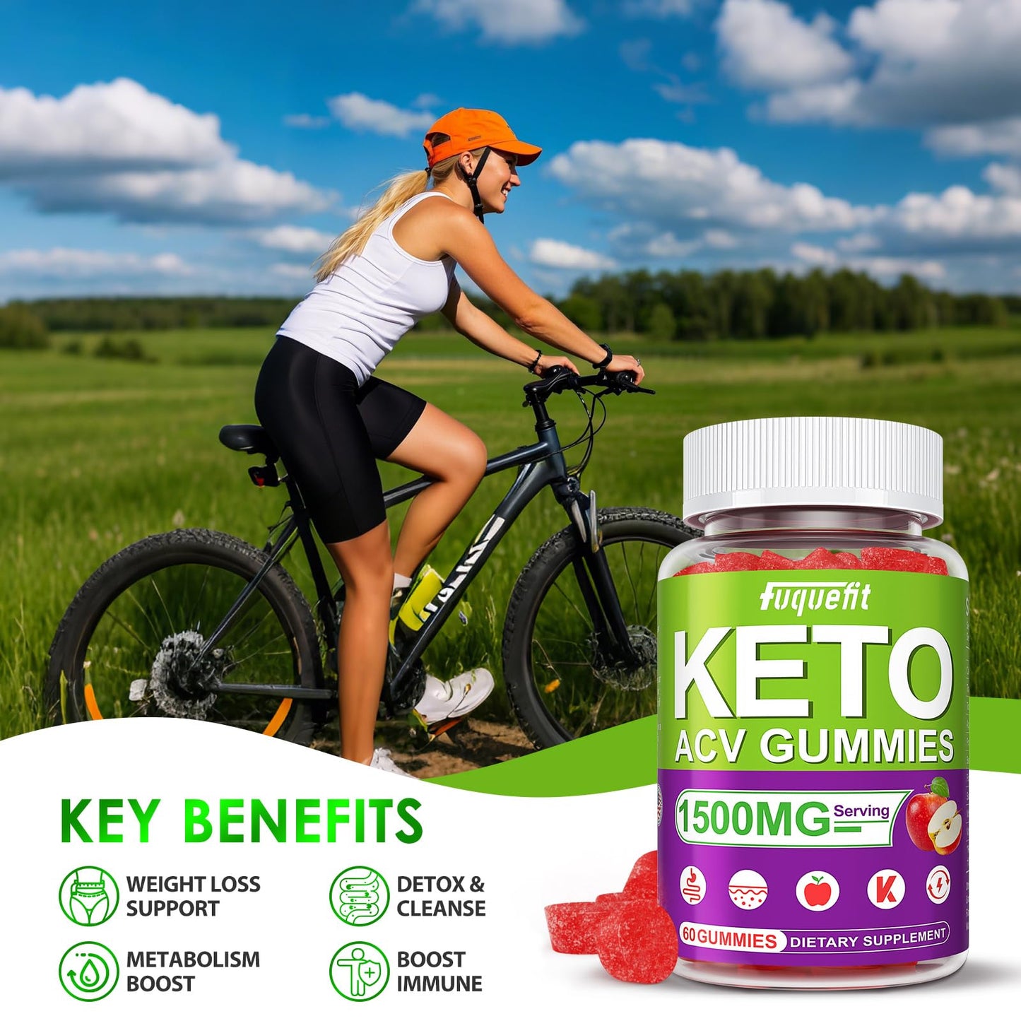 Fuquefit Keto ACV Gummies - 1500mg - Keto Gummies Advanced Formula - ACV with B6 & 12, Pomegranate & Beet Juice - Vegan - 60
