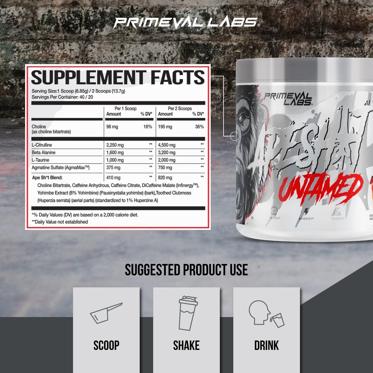 Primeval Labs Ape Untamed Pre Workout Energy Drink Powder, 40Servings Strawberry Lemonade, Max Support for Pumps & Focus, Increased Performance, Nitric Oxide Production with L-Citrulline, Beta Alanine
