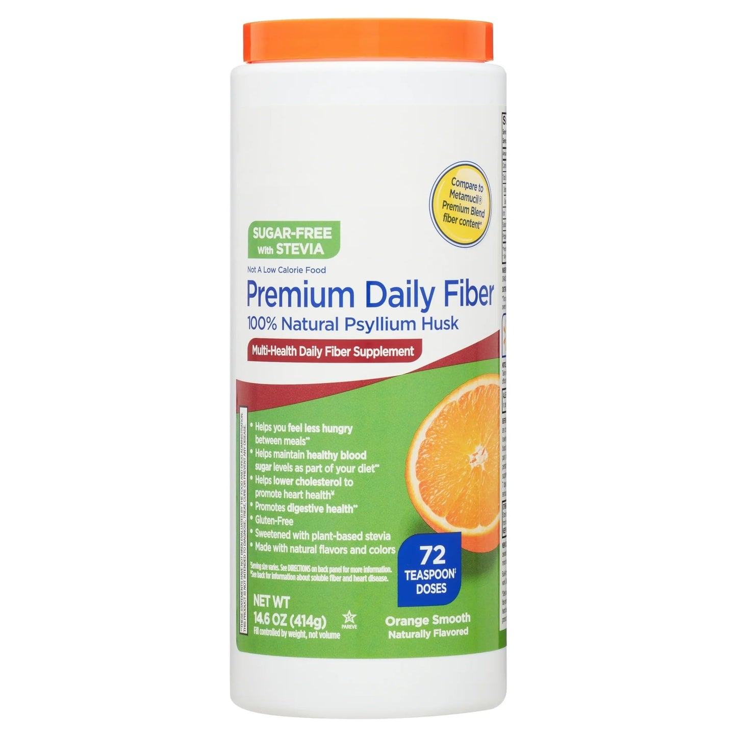 Daily Fiber Supplement Sugar Free, Orange Flavor 14.6 oz - 72 Teaspoon Doses, Psyllium Husk Powder, Plant-Based Fiber, Psyllium Fiber Supplement, Gluten-Free Fiber Powder. (Pack of 2)