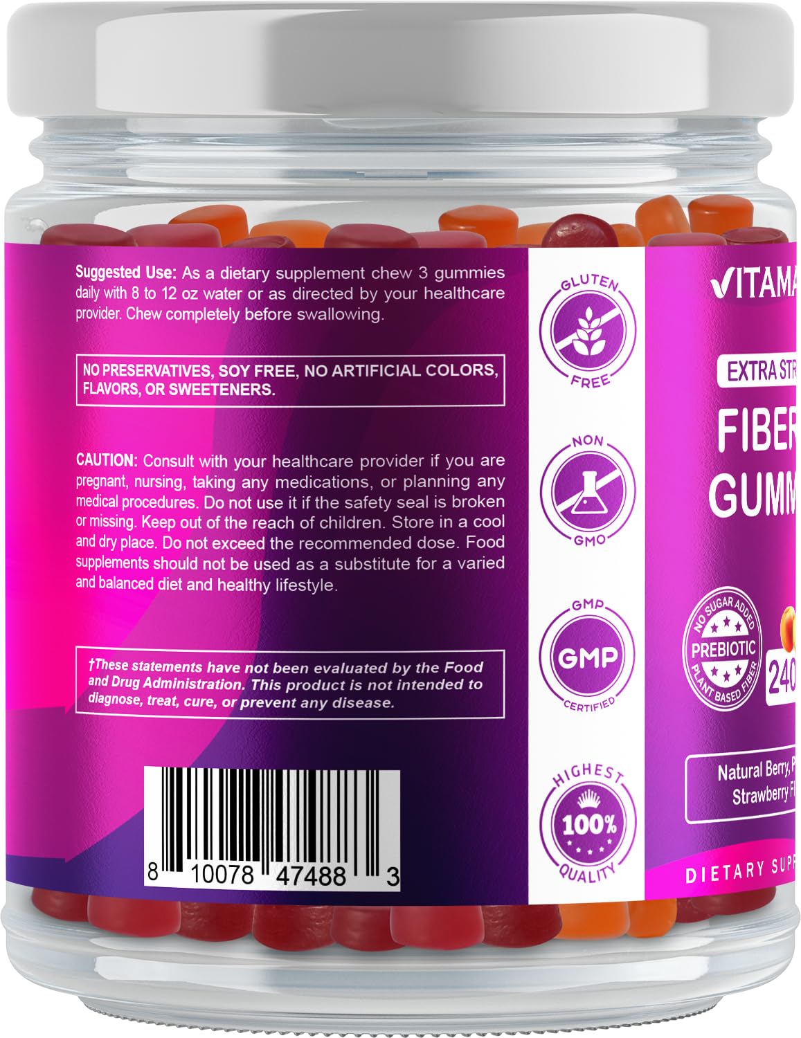 Vitamatic Prebiotic Fiber Gummies for Adults, 7G Extra Strength, Zero Sugar Added, 240 Pectin Based Gummies, Digestive Health & Regularity Support