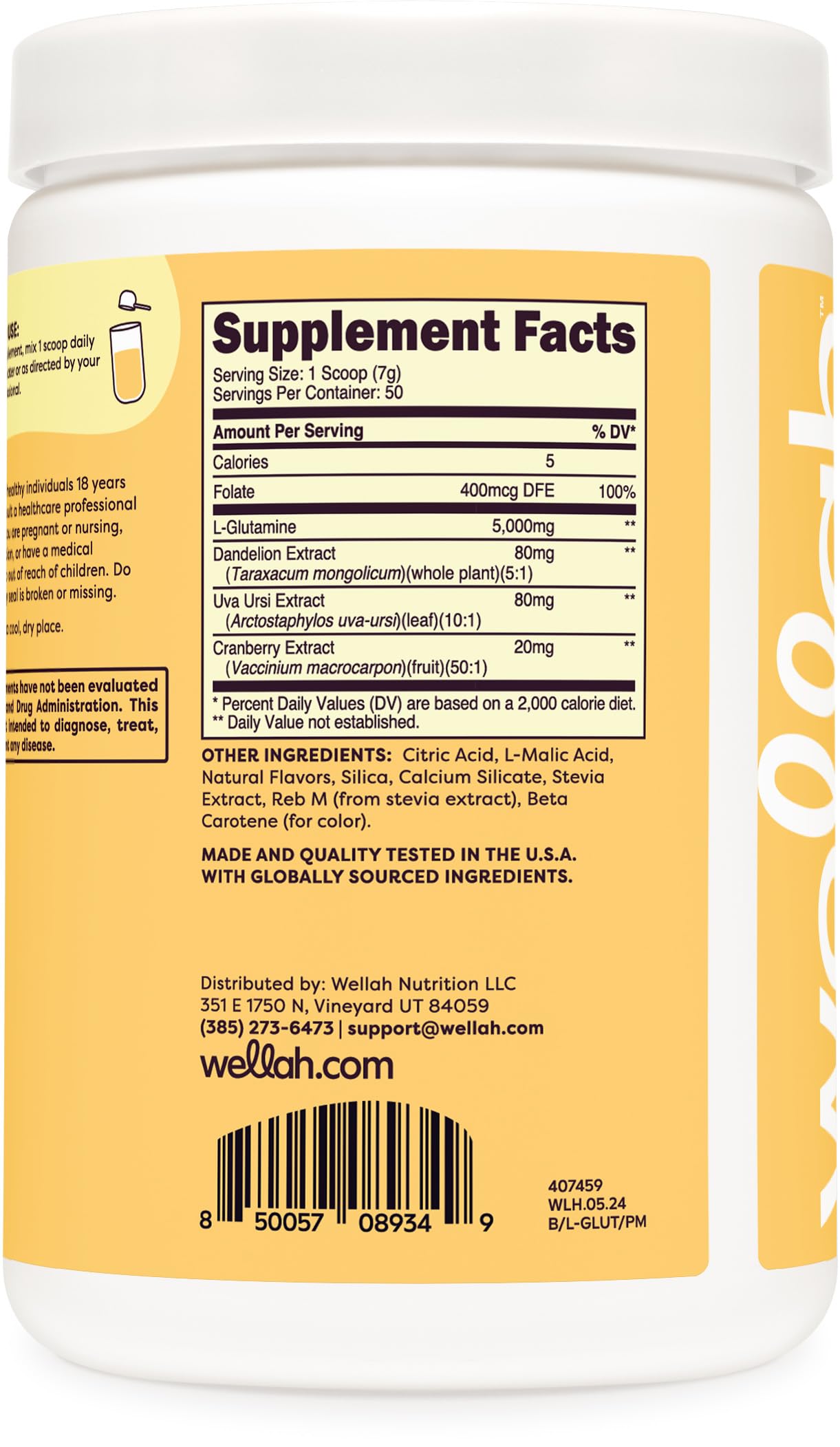 Wellah L-Glutamine Peach Mango (50 Servings) - 5g L-Glutamine Per Serving, Sweetened with Stevia