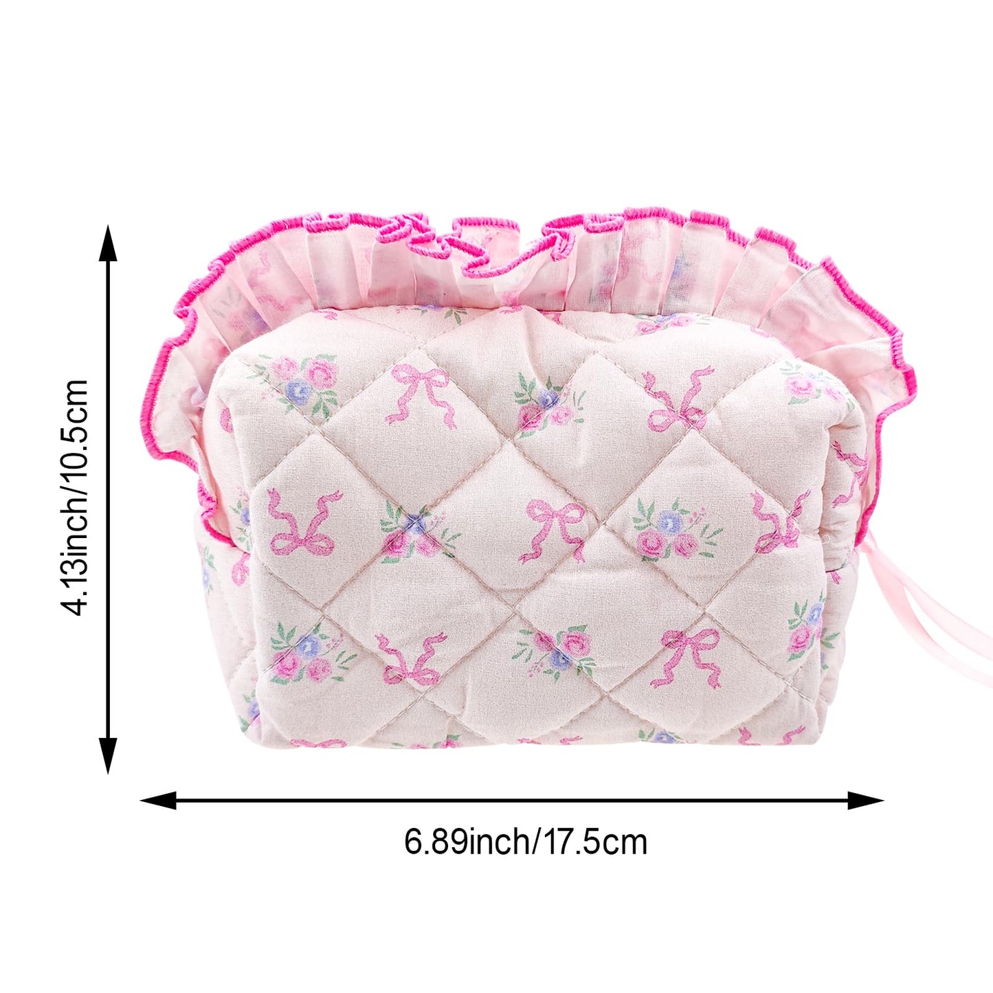 Arvintas Quilted Makeup Bag, Cute Pouch Travel Toiletry Period Bag, Pink bow Zipper Make Up Pouch for Women Girls (Style 2)