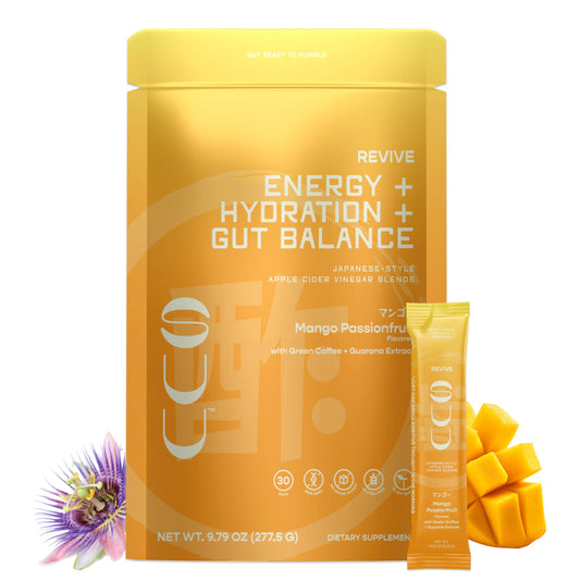 Natural Energy Support Hydration Powder Packets - Natural Caffeine (100 mg) Green Coffee Guarana Extract Vitamin B6 B12 Drink Mix - Electrolytes Apple Cider Vinegar, Japanese Gut Health (Revive, 30ct)