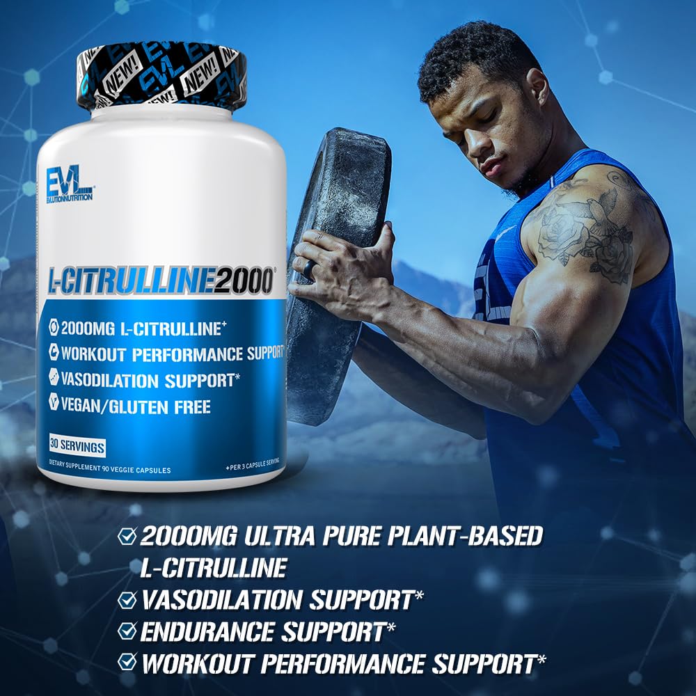 Evlution L-Citrulline2000 Nitric Oxide Supplement for Men Nutrition High Strength L Citrulline Capsules for Enhanced Muscle Strength Recovery and Intense Pumps - Plant Based Nitric Oxide Booster