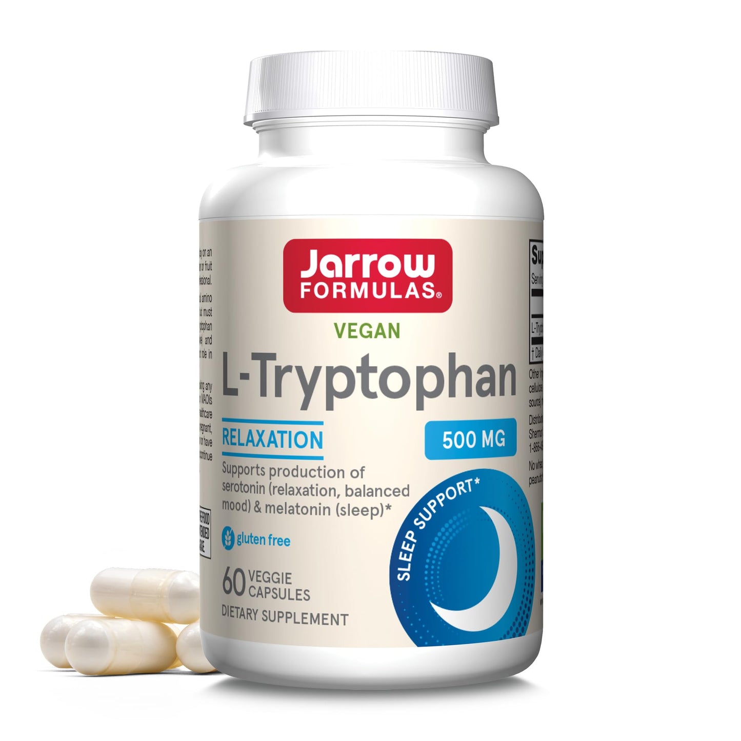 Jarrow Formulas® L-Tryptophan, 500 mg Dietary Supplement for Stress, Sleep, and Mood Support, 60 Capsules, 60 Day Supply