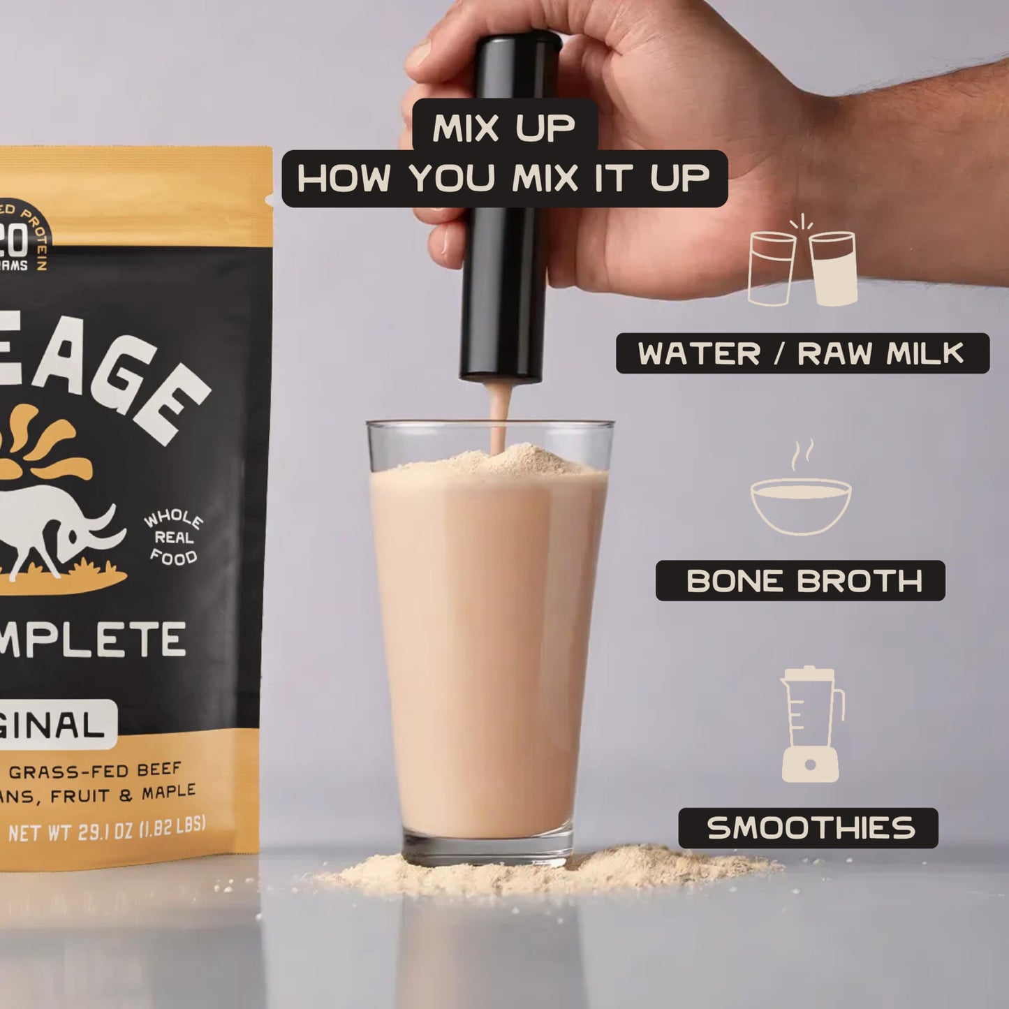 Lineage Provisions Grass Fed Beef Protein Powder - Original Flavor - Nose to Tail Animal Protein Powder Including 100% Grass Fed and Finished Beef Organs, Colostrum, and Fruit - 1.8 lbs (30 Servings)