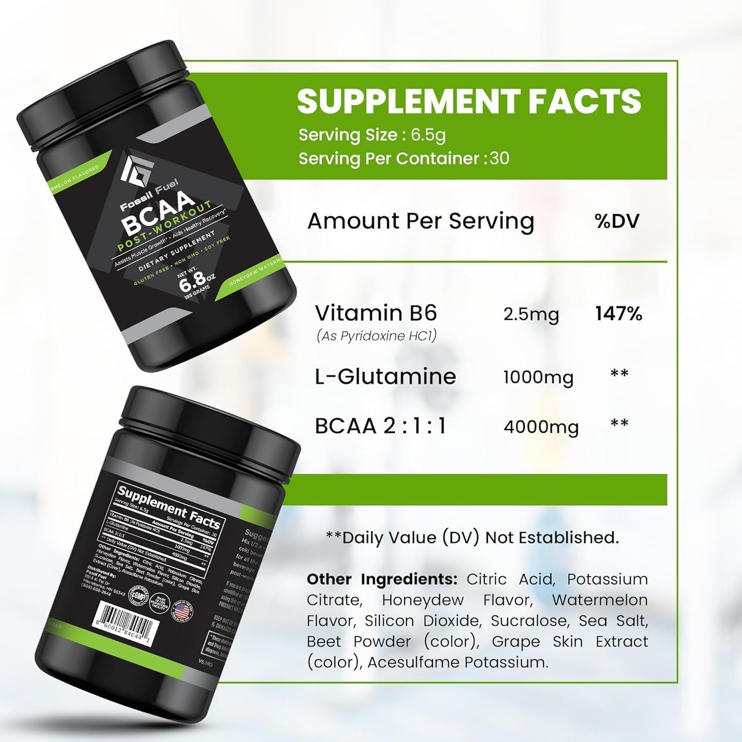 Fossil Fuel BCAA Sugar-Free Post-Workout Powder with BCAA’s, Glutamine, Vitamin B6 After Workout Amino Acids for Muscle Recovery, Endurance and Hydration, Honeydew Watermelon (30 Servings)