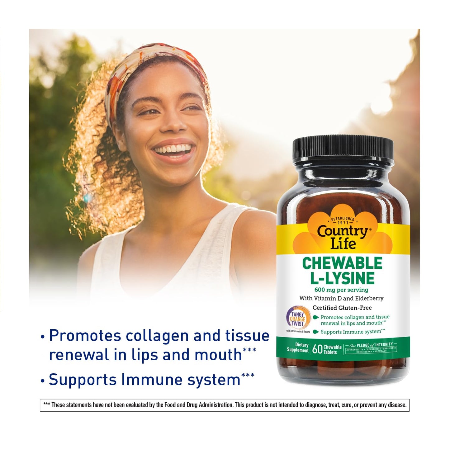 Country Life Chewable L-Lysine Supplement with Vitamin D and Elderberry, Immune Support and Collagen Renewal for Skin Tissue, Ideal for Adults