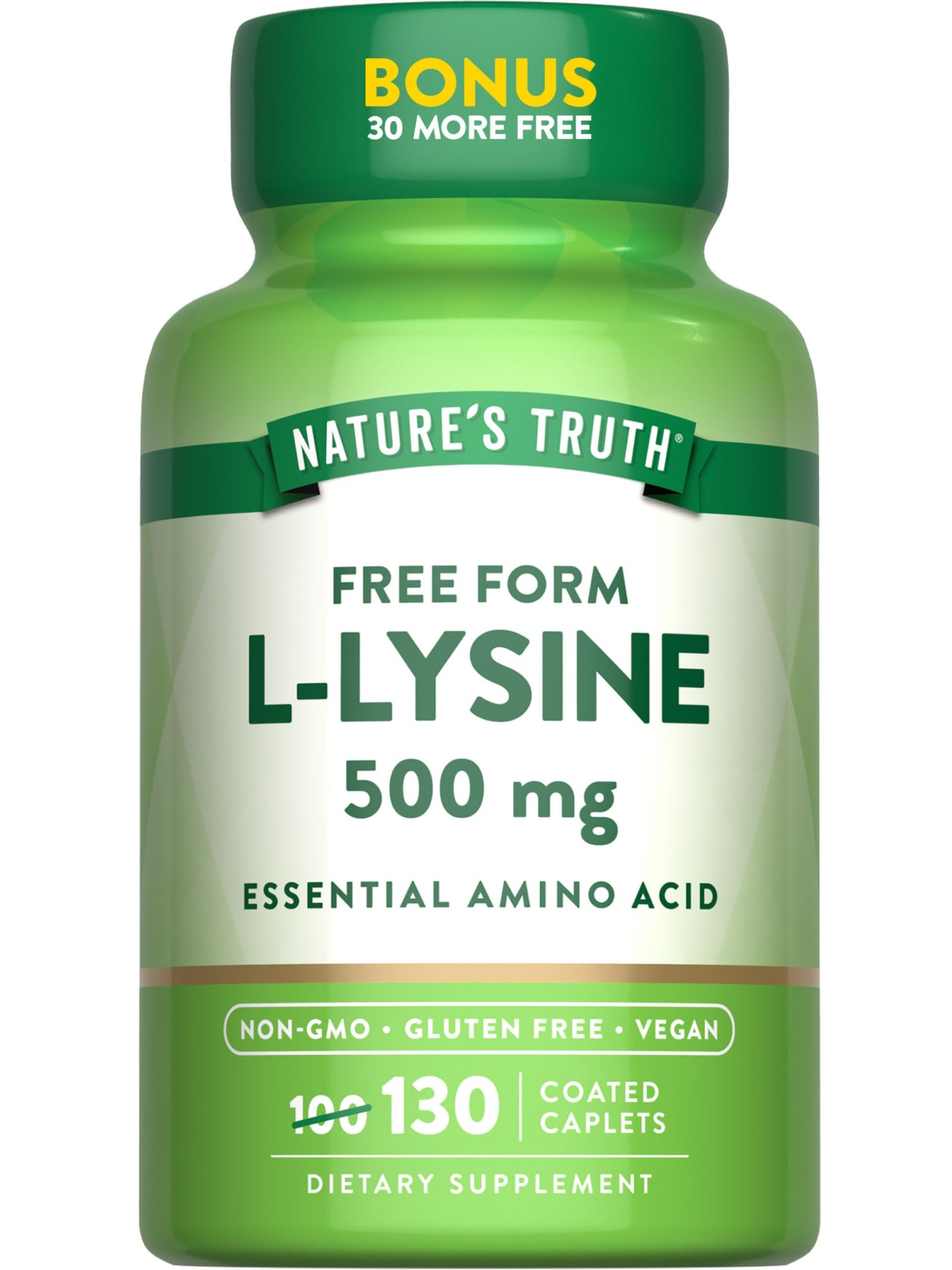 Nature's Truth L-Lysine 500mg | 130 Coated Caplets | Free Form | Essential Amino Acid | Vegan, Non-GMO, & Gluten Free Supplement