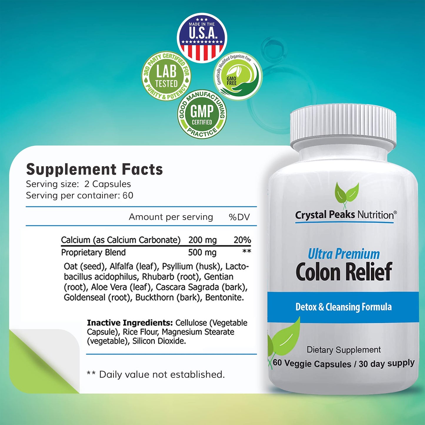 CRYSTAL PEAKS NUTRITION Natural Colon Cleanser Capsules for Constipation Relief and Gut Cleanse Detox - Cascara Sagrada, Psyllium Husk & Bentonite (60 Capsules)