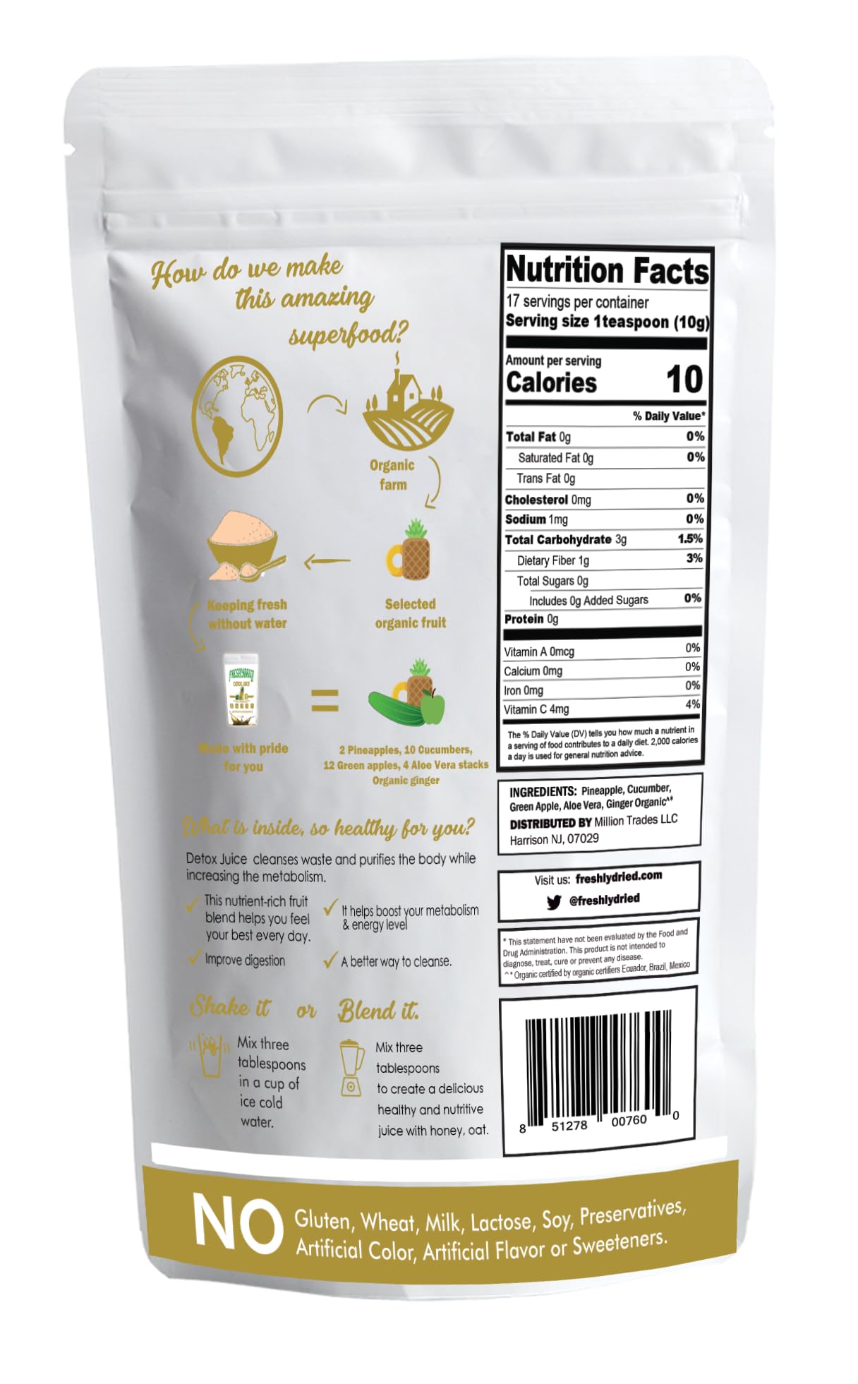 Freshlydried Pure Detox Cleanse Mix Powder - 6 Ounces, Best Superfood to Cleanse Your Body - Rich in Vitamins, Minerals & Protein - Non-Irradiated, Non-Contaminated, Non-GMO and Vegan