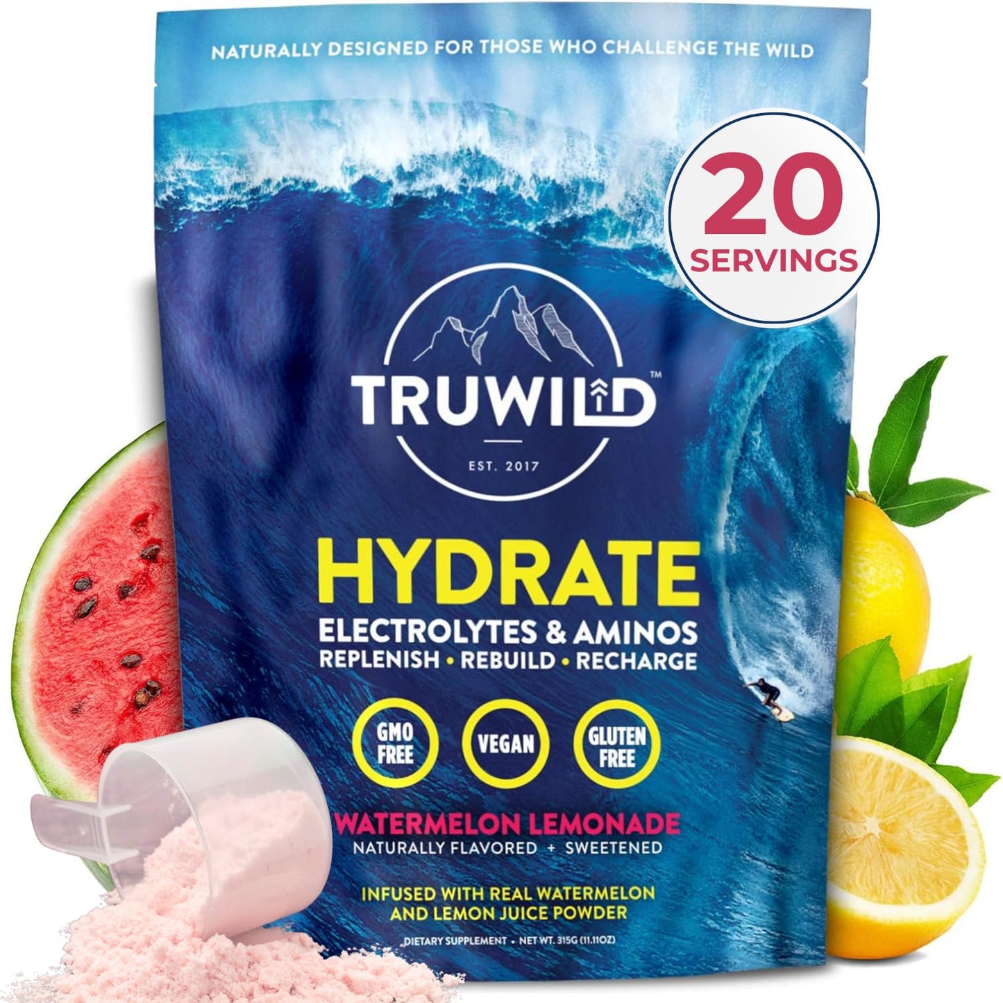 TruWild Natural Hydration Powder with Zero Sugar, Vegan Electrolytes + Amino Acids, Recovery Drink for Everyday Use, Post Workout Muscle Support Supplement with Magnesium (Watermelon Lemonade)