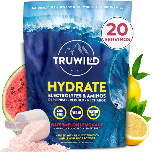 TruWild Natural Hydration Powder with Zero Sugar, Vegan Electrolytes + Amino Acids, Recovery Drink for Everyday Use, Post Workout Muscle Support Supplement with Magnesium (Watermelon Lemonade)