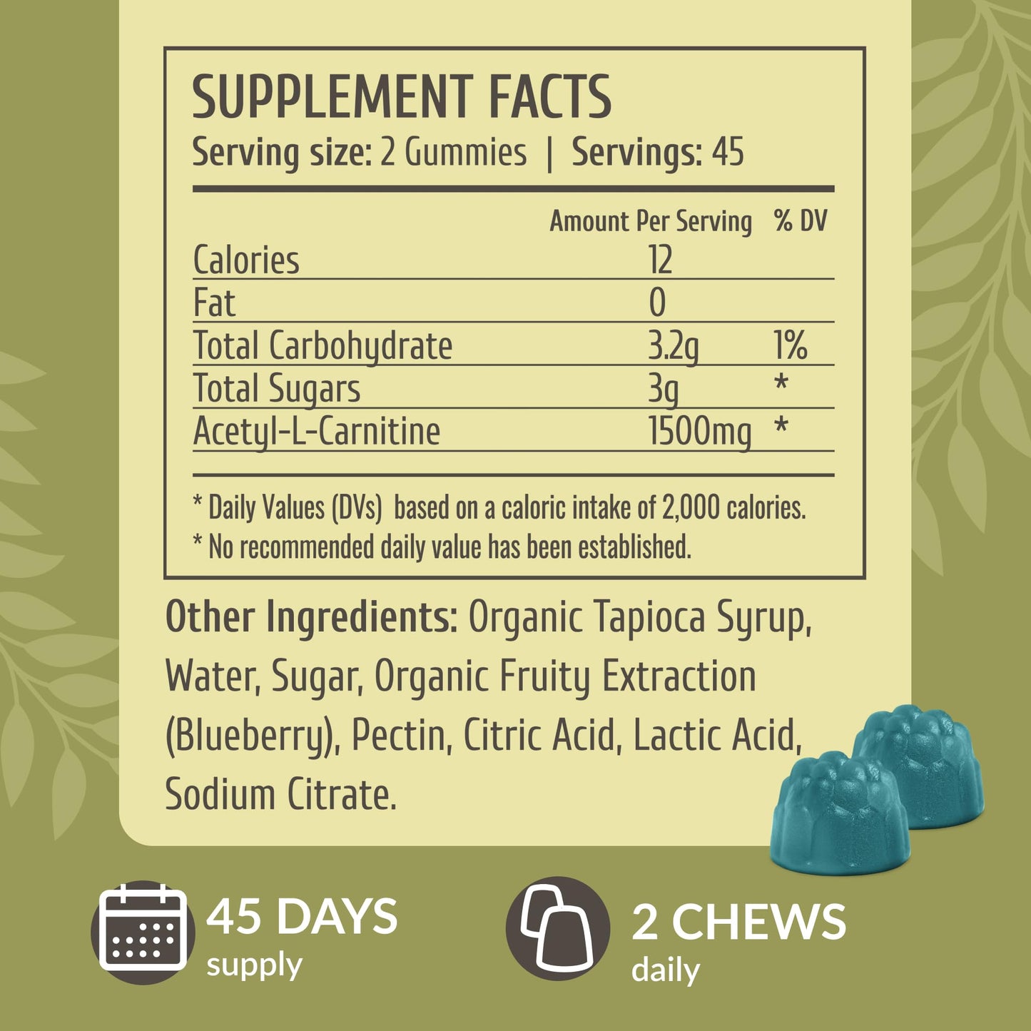 HERBAMAMA Acetyl L-Carnitine 1500mg Gummies - ALCAR Supplement for Energy & Focus Support - Vegan, Non-GMO, 90 Pectin-Based Blueberry-Flavored Chews