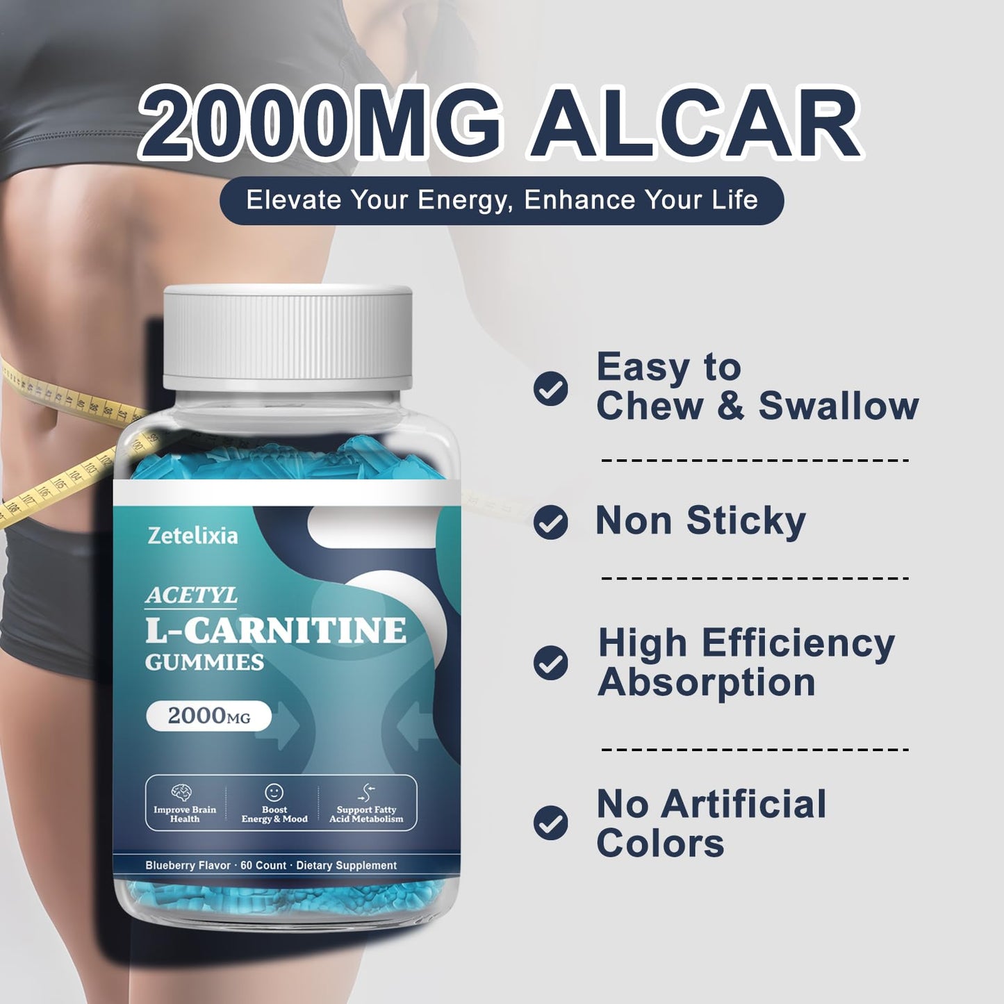 Zetelixia Acetyl L-Carnitine Gummies, L-Carnitine Supplement for Women & Men, with Vitamin C & B12, ALCAR for Energy, Brain & Heart Health Support, Vegan, Non-GMO, Sugar Free, 60 Count