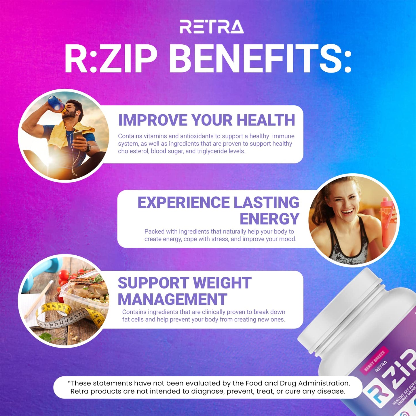 RETRA Zip Canister - Vegan and Gluten-Free Energy Drink Mix, Supports Immune System, Gut Health - Berry Breeze Flavor - 12.07 Ounce